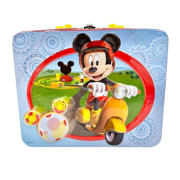 Mickey Mouse Metal Lunch Box Red Blue Yellow Plastic Handle 8x6x3 Scooter Disney - Picture 1 of 12